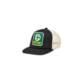 Black and white trucker cap with a logo on a white background