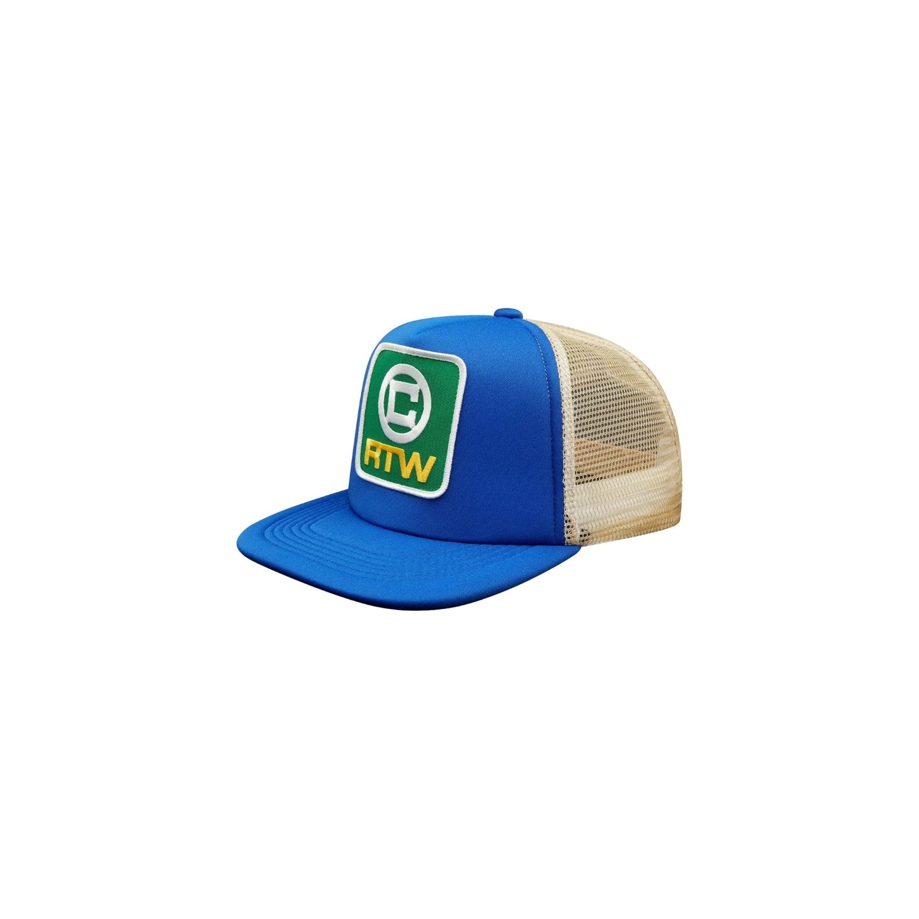 Blue and beige cap with a logo on a white background