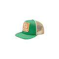 Green and beige trucker cap with a logo on a white background