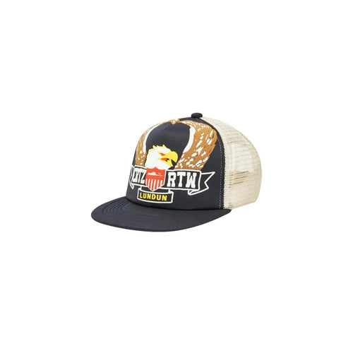 Trucker hat with eagle design and text on a white background
