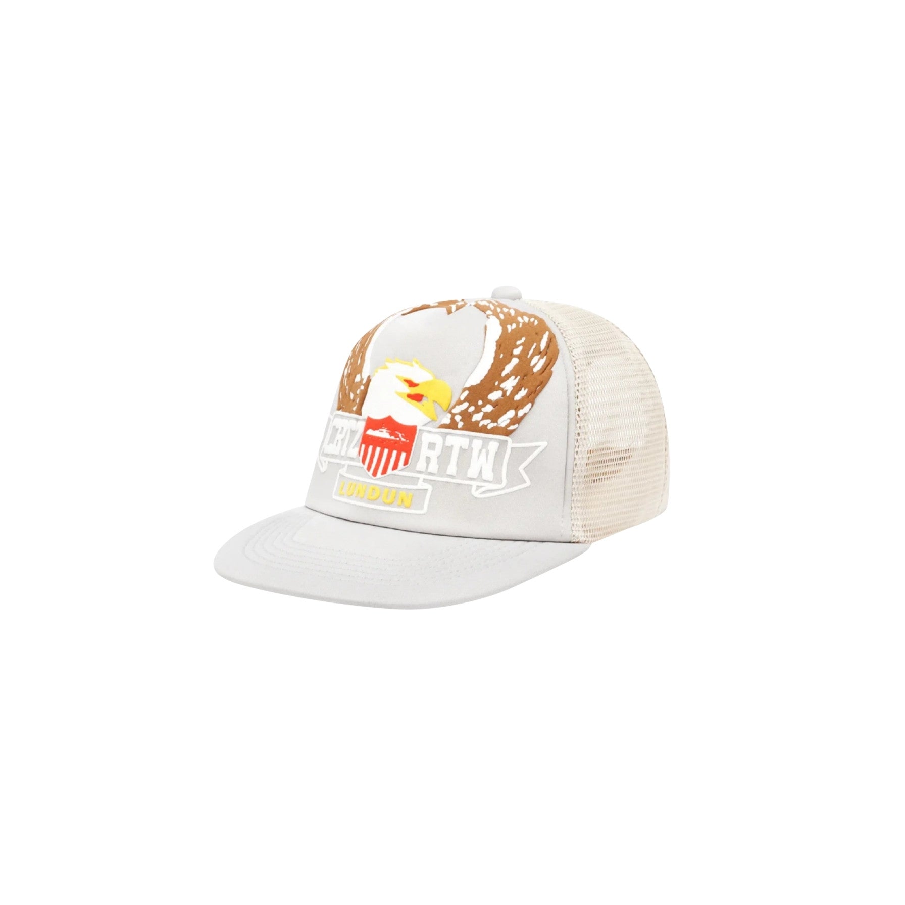 White and beige cap with a logo on a white background