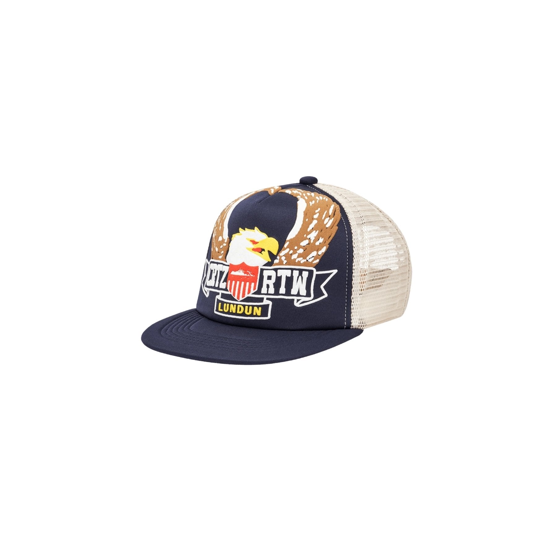 Trucker hat with eagle design and text on a white background