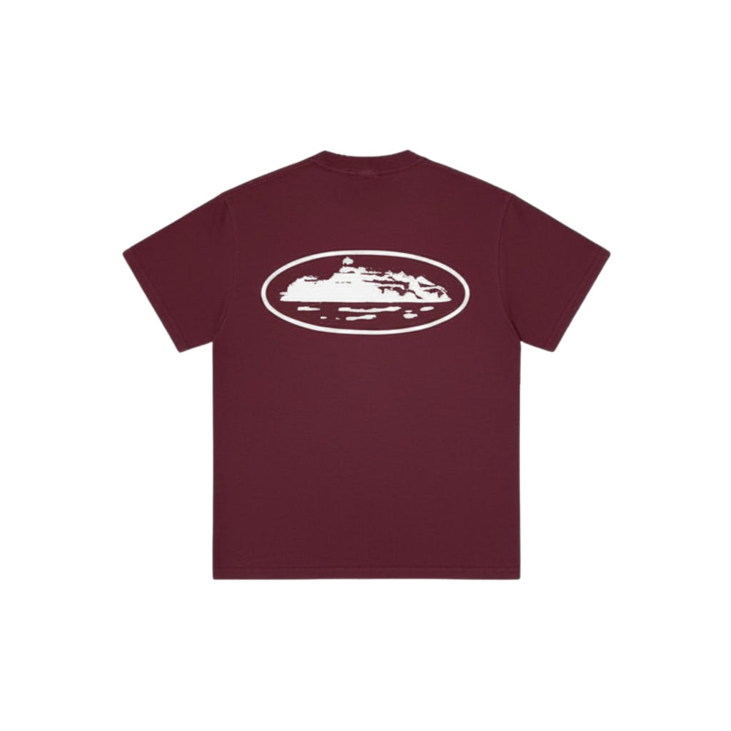 Maroon t-shirt with a white graphic on the back against a white background