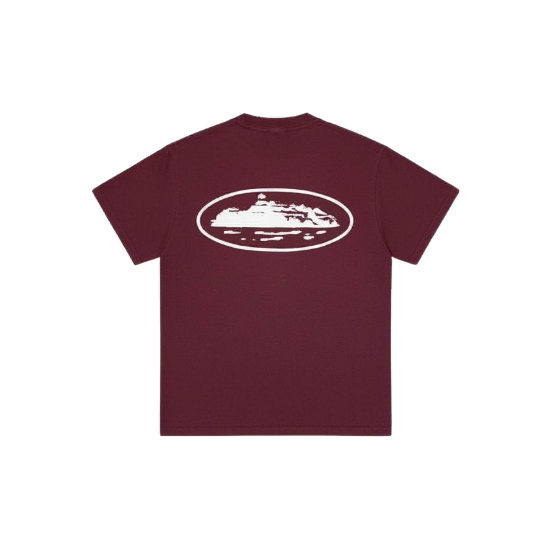 Maroon t-shirt with a white graphic on the back against a white background