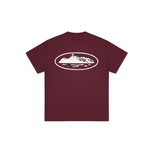 Maroon t-shirt with a white graphic on the back against a white background