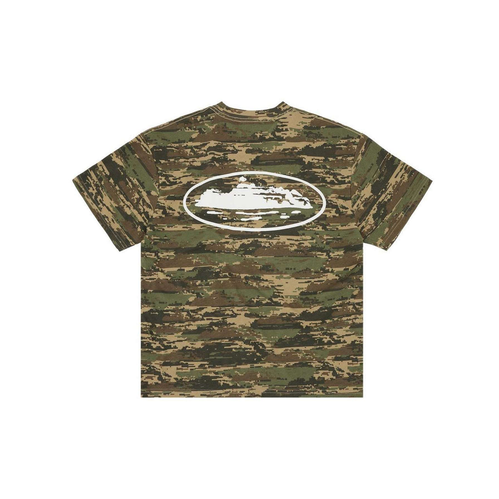 Camouflage t-shirt with a white logo on a white background