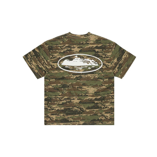 Camouflage t-shirt with a white logo on a white background