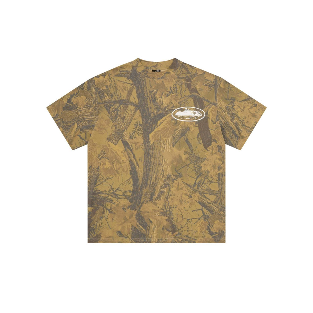 Camouflage-patterned t-shirt with a logo on a white background