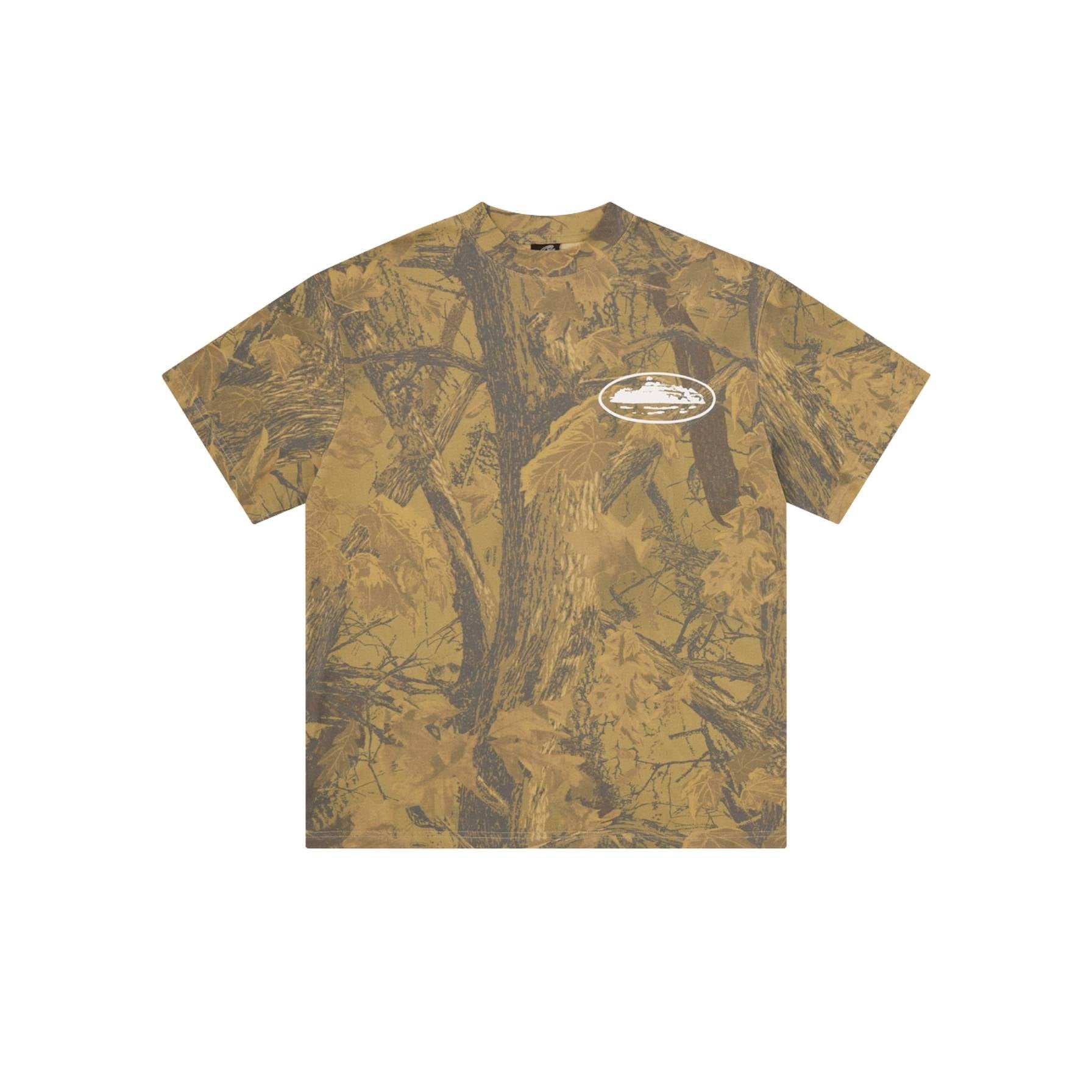 Camouflage-patterned t-shirt with a logo on a white background