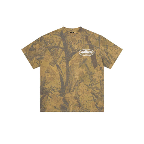 Camouflage-patterned t-shirt with a logo on a white background