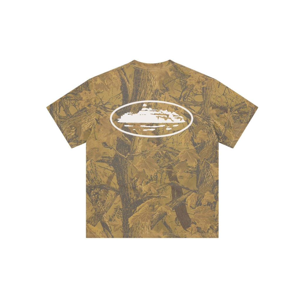 Brown camouflage t-shirt with a white logo on a white background