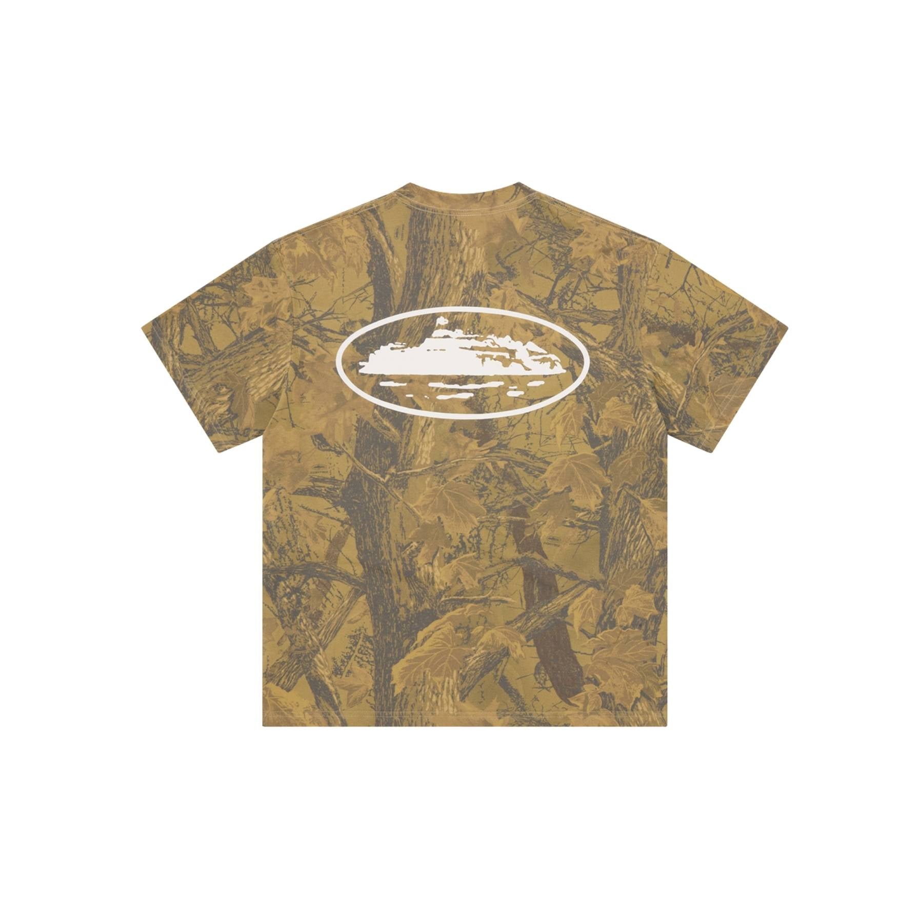 Brown camouflage t-shirt with a white logo on a white background