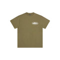 Olive green t-shirt with a small logo on a white background