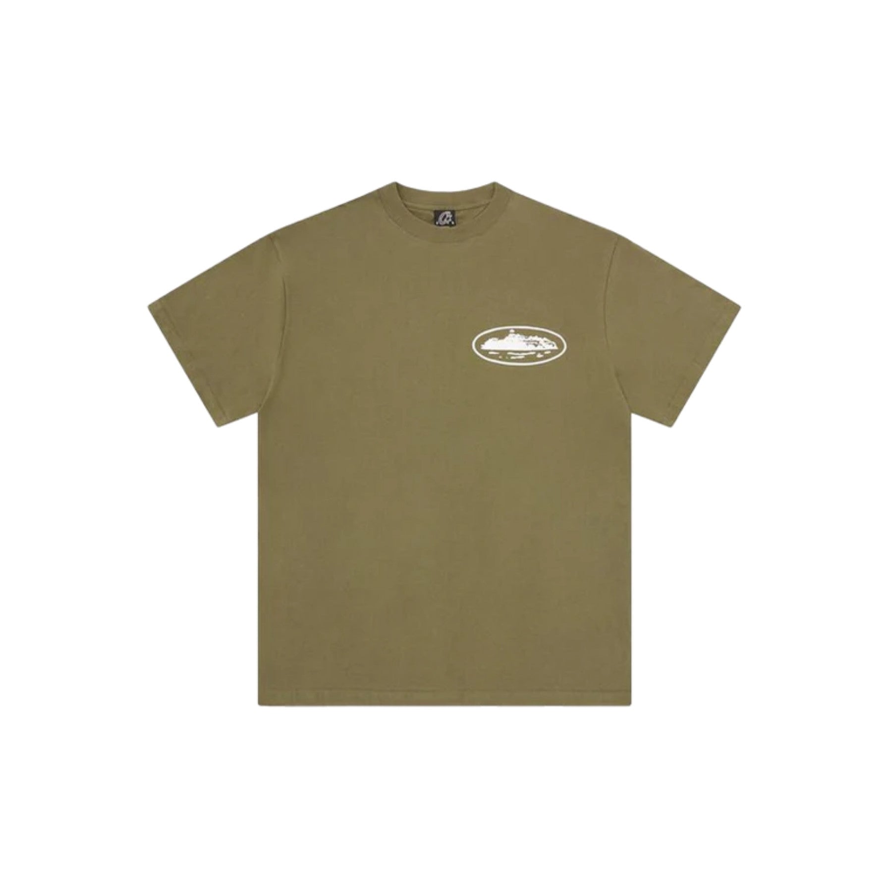 Olive green t-shirt with a small logo on a white background