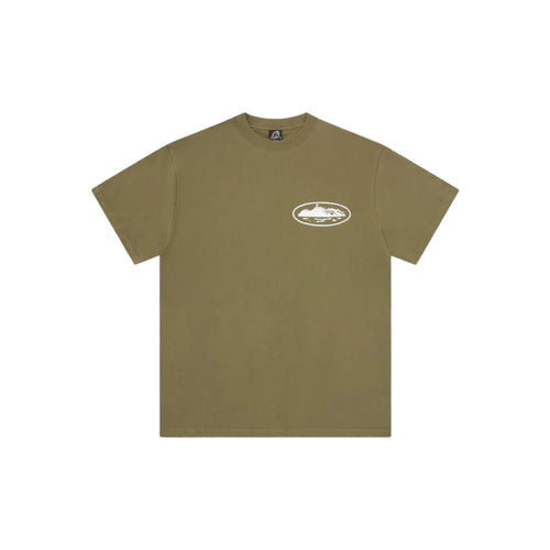 Olive green t-shirt with a small logo on a white background