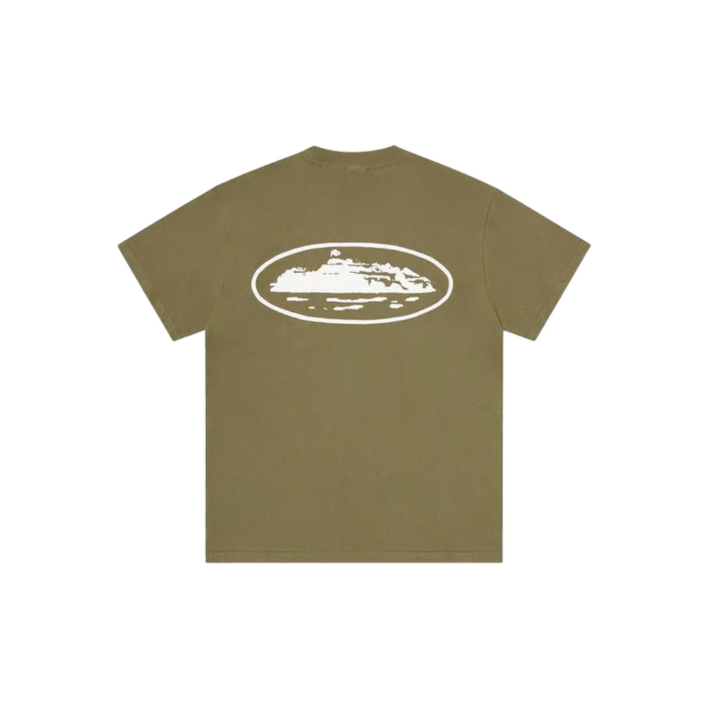 Olive green t-shirt with a white graphic on a white background