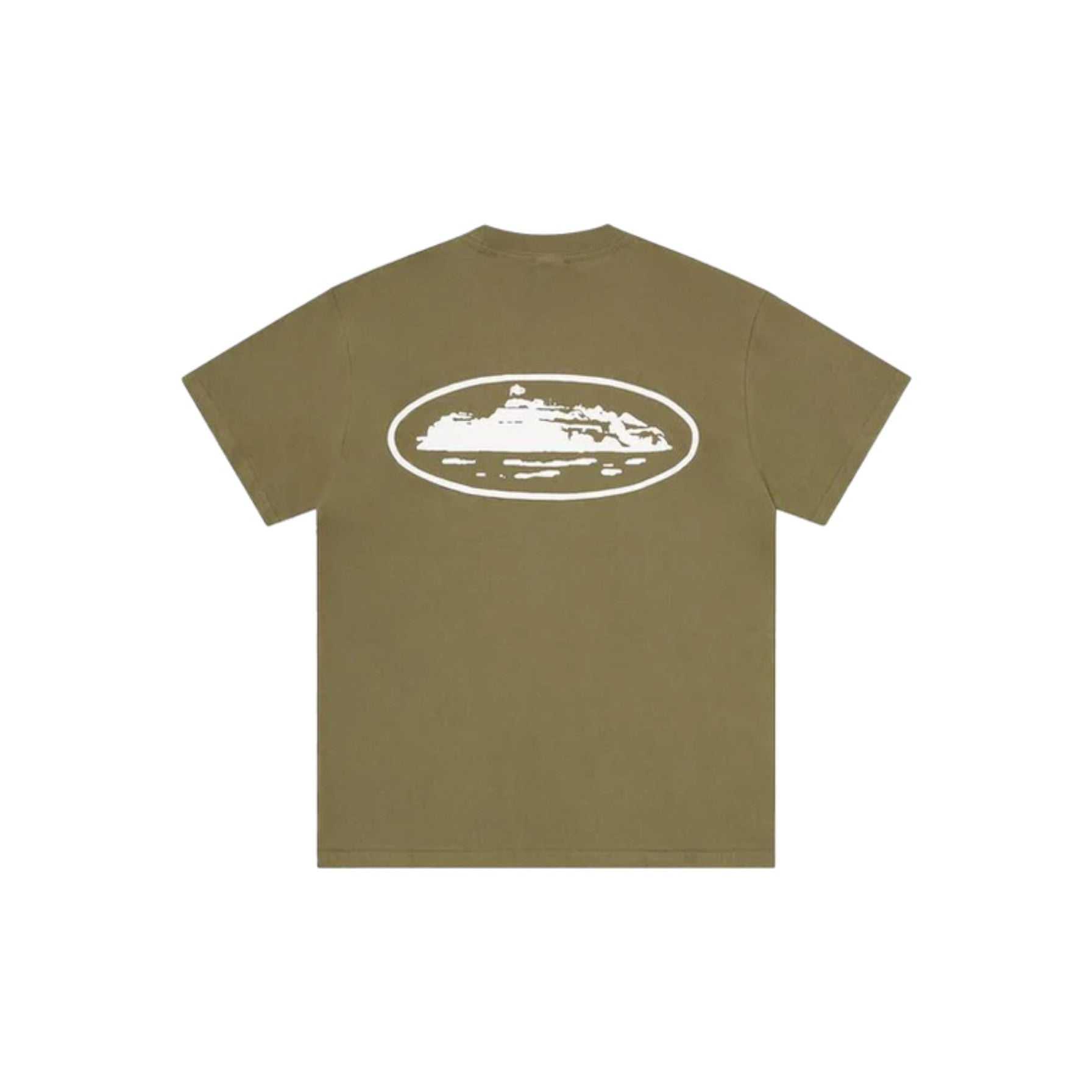Olive green t-shirt with a white graphic on a white background