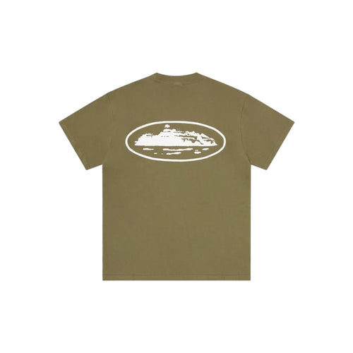 Olive green t-shirt with a white graphic on a white background