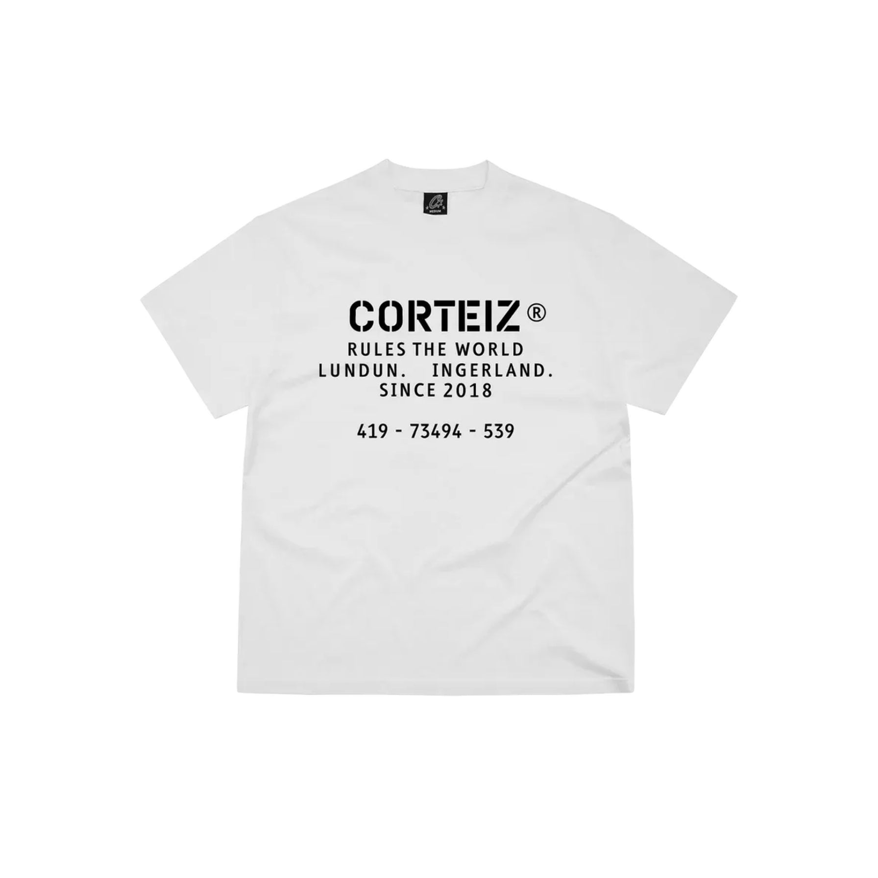 White t-shirt with black text on a white background