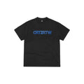 Black t-shirt with blue text on a white background