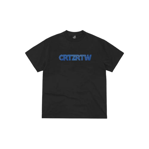 Black t-shirt with blue text on a white background