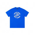 Blue t-shirt with white text and logo on a white background