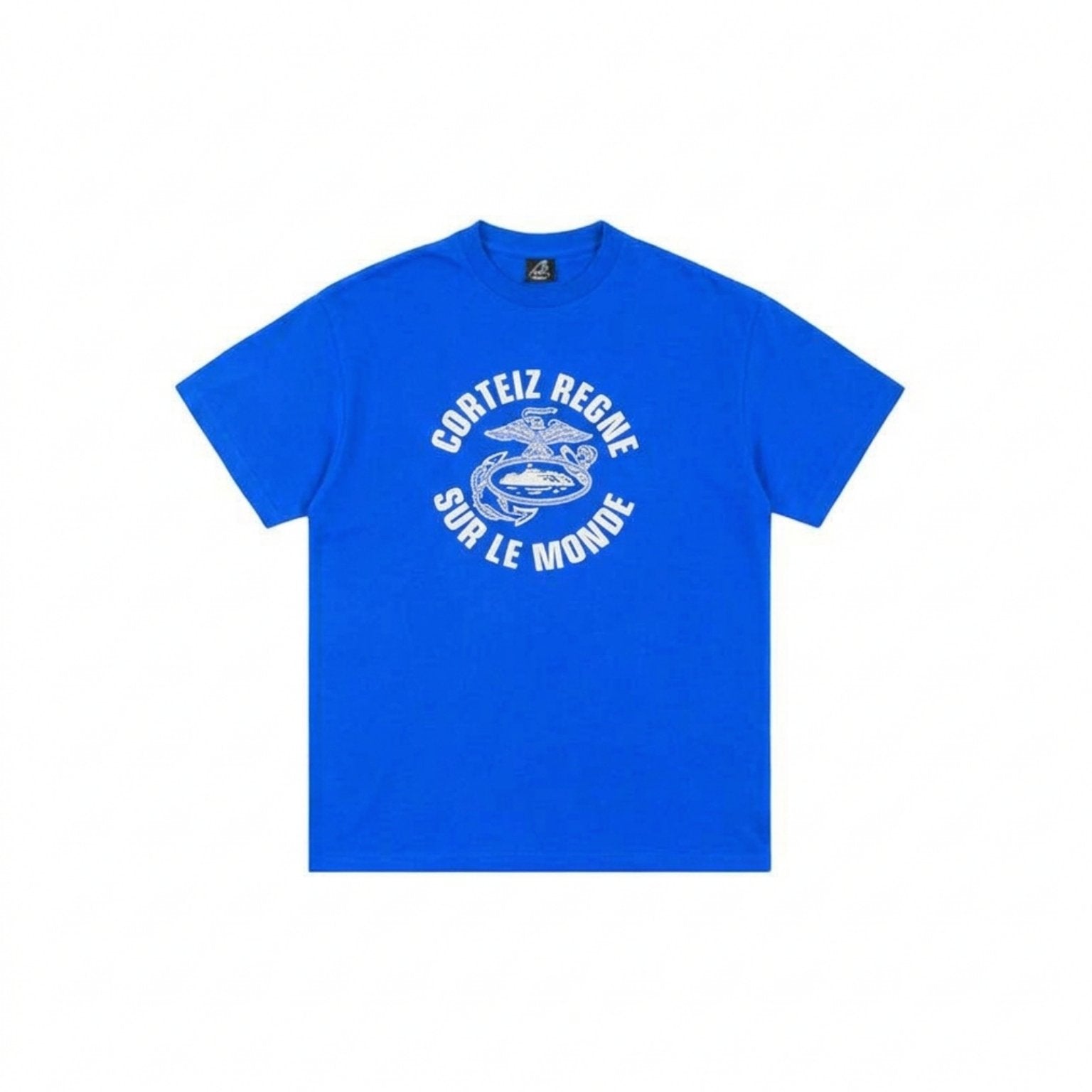 Blue t-shirt with white text and logo on a white background