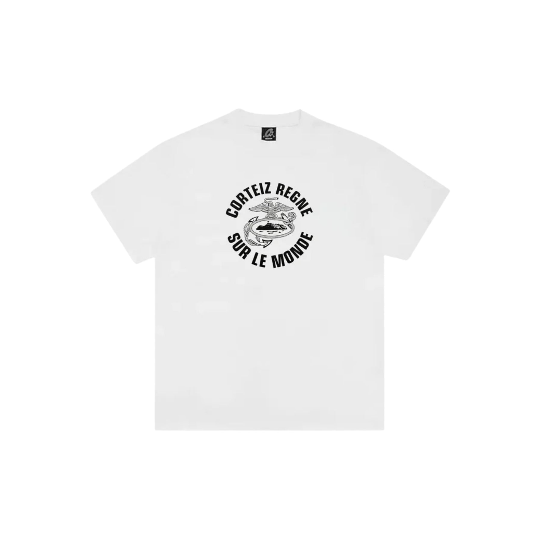 White t-shirt with black text and graphic on a white background