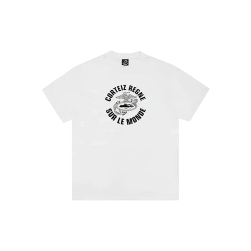 White t-shirt with black text and graphic on a white background