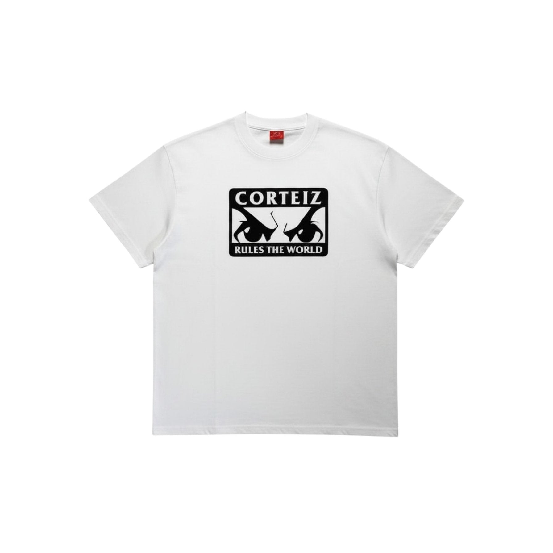 White t-shirt with a black graphic and text on a white background