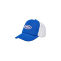 Blue and white cap with a logo on a white background