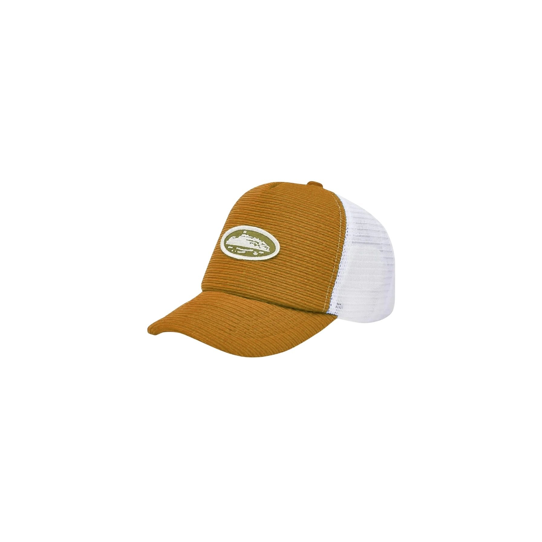 Brown and white cap with a logo on a white background