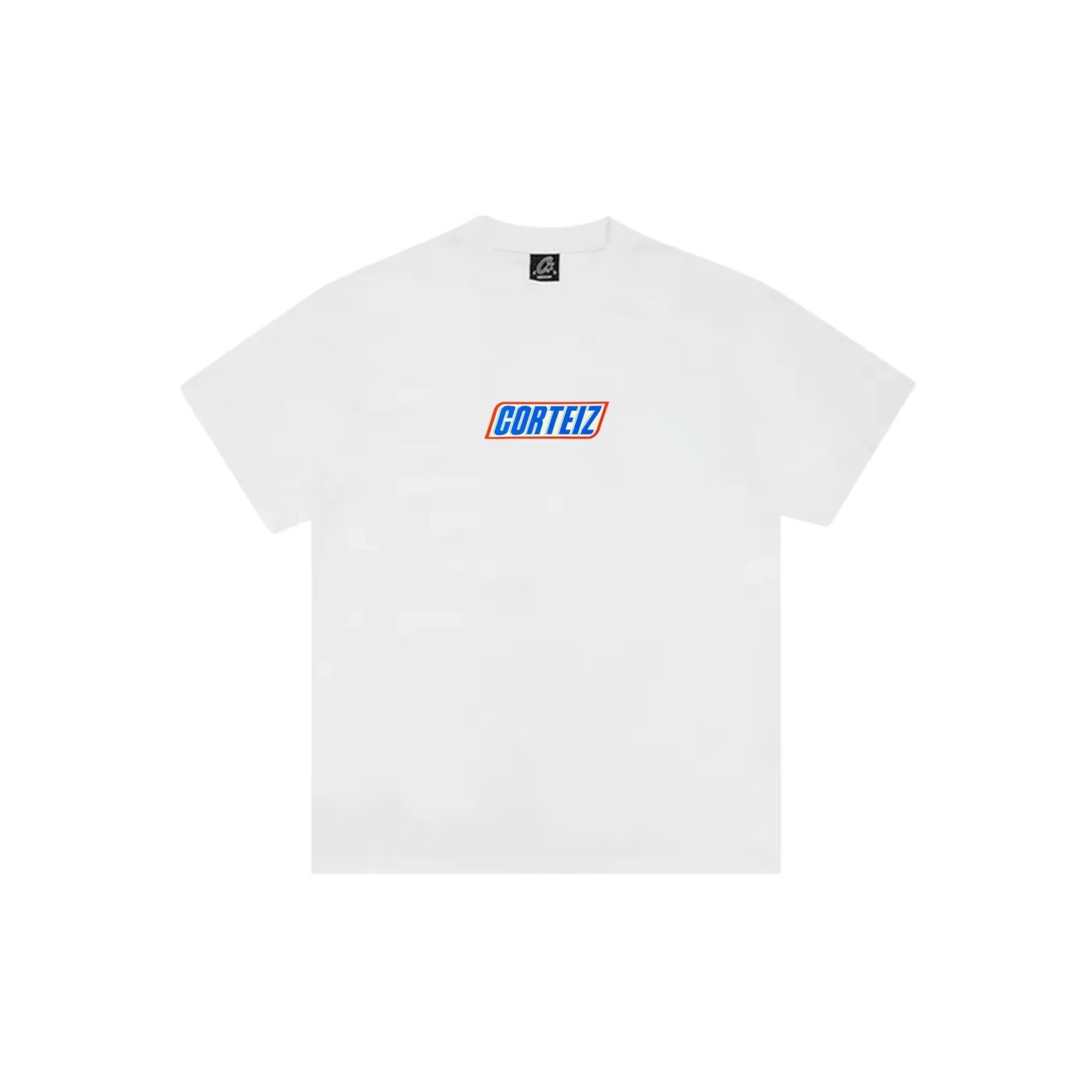 White t-shirt with a logo on a white background