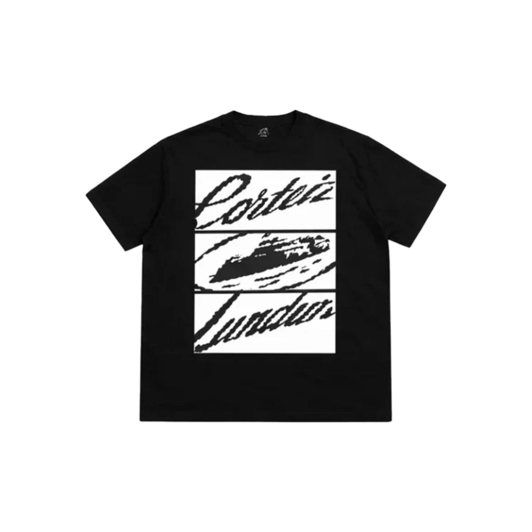 Black t-shirt with white graphic design on a white background