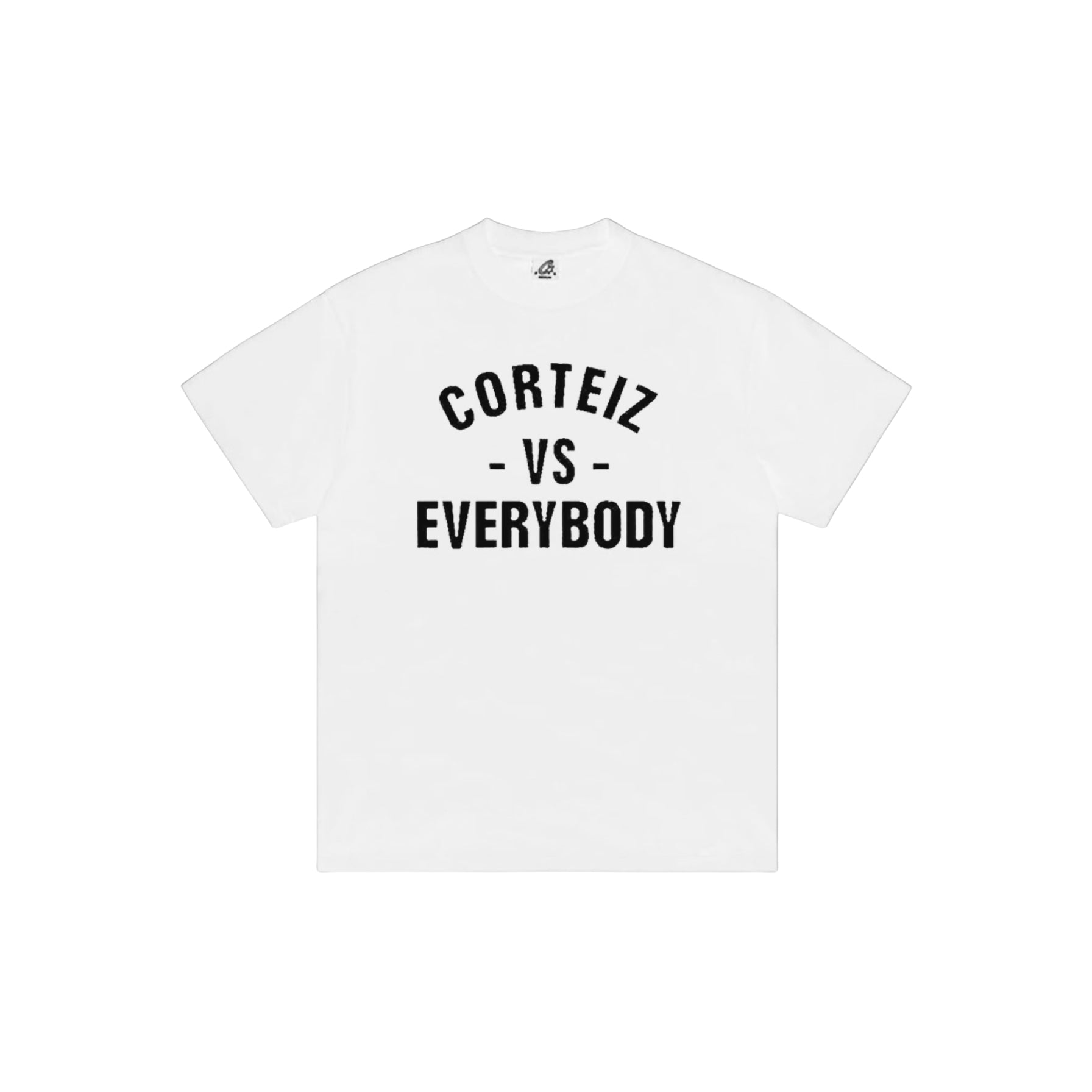 White t-shirt with 'Corteiz vs Everybody' text on a white background
