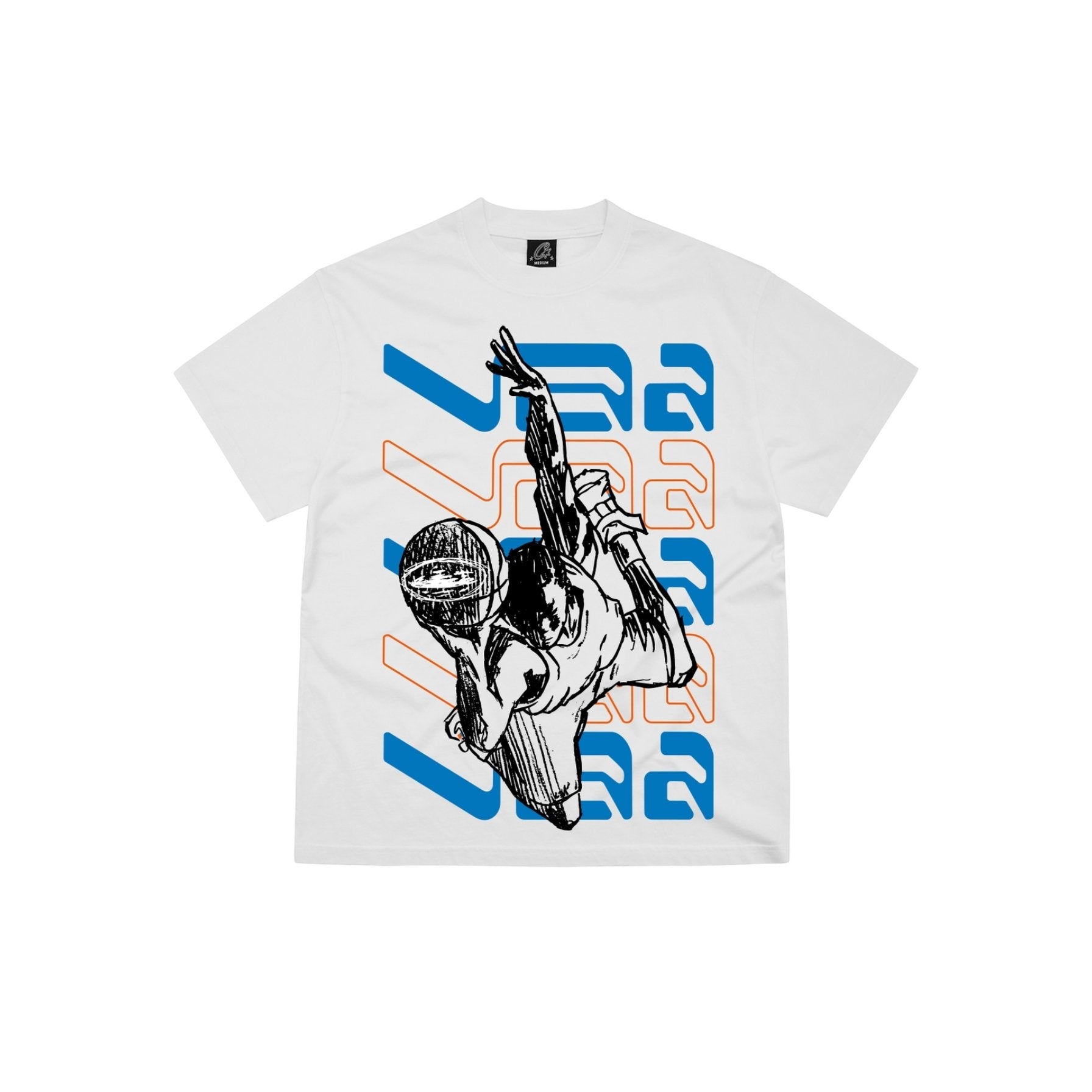 White t-shirt with graphic design of a person holding a microphone and text on a white background