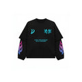A black long-sleeve t-shirt with graphic prints, featuring a cyan 'D' logo on the right chest, a cyan butterfly and text 'EVERY DREAM BEGINS WITH A DREAMER' on the left chest, and pink-to-blue flame graphics on both sleeves, shown against a plain white background.