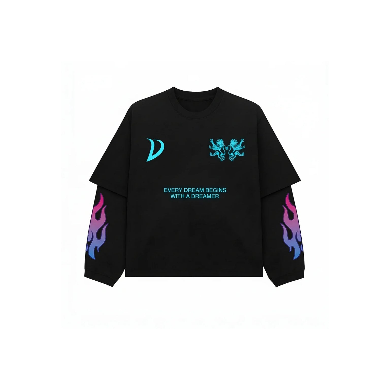 A black long-sleeve t-shirt with graphic prints, featuring a cyan 'D' logo on the right chest, a cyan butterfly and text 'EVERY DREAM BEGINS WITH A DREAMER' on the left chest, and pink-to-blue flame graphics on both sleeves, shown against a plain white background.