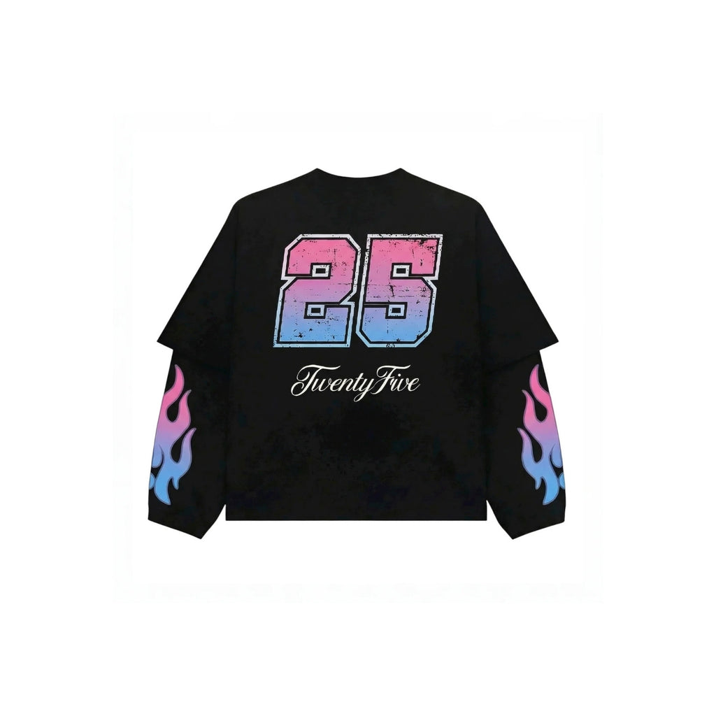 A black long-sleeve t-shirt with a large distressed pink-to-blue gradient '25' on the back, the word 'TwentyFive' in white script below it, and matching pink-to-blue flame graphics on both sleeves.