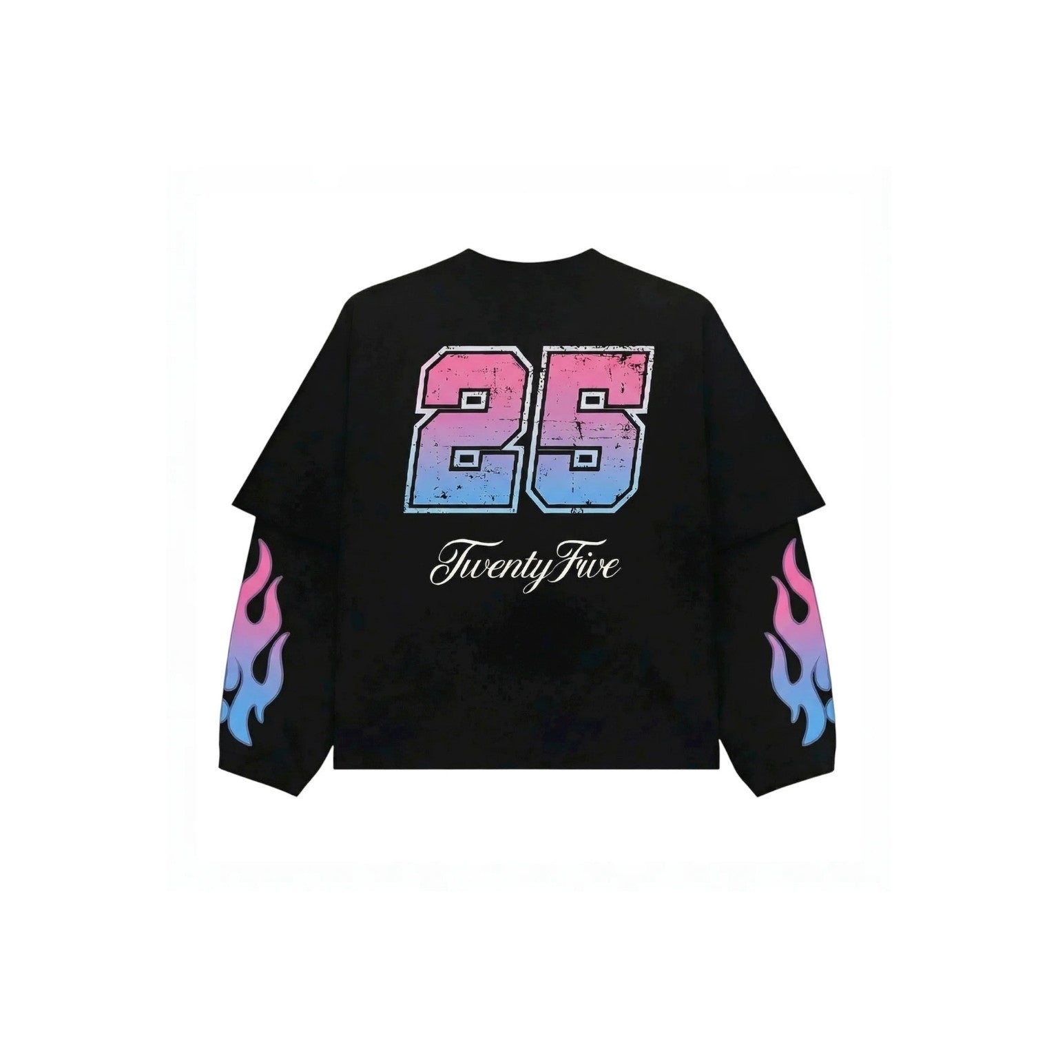 A black long-sleeve t-shirt with a large distressed pink-to-blue gradient '25' on the back, the word 'TwentyFive' in white script below it, and matching pink-to-blue flame graphics on both sleeves.
