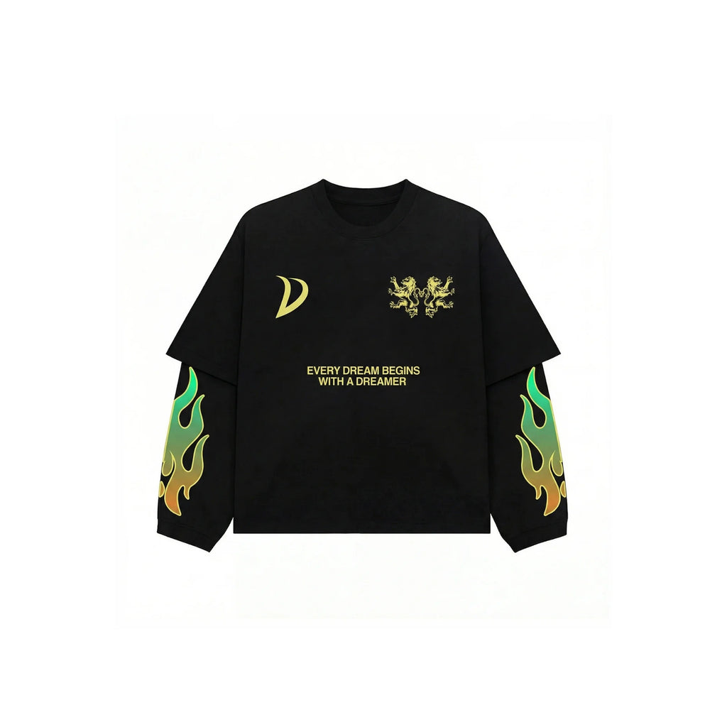 A black long-sleeve t-shirt with gold dragon graphics on the chest, a gold crescent moon on the right chest, and green-to-gold flame prints on both sleeves, displayed on a solid white background.