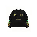 A black long-sleeve t-shirt with gold dragon graphics on the chest, a gold crescent moon on the right chest, and green-to-gold flame prints on both sleeves, displayed on a solid white background.