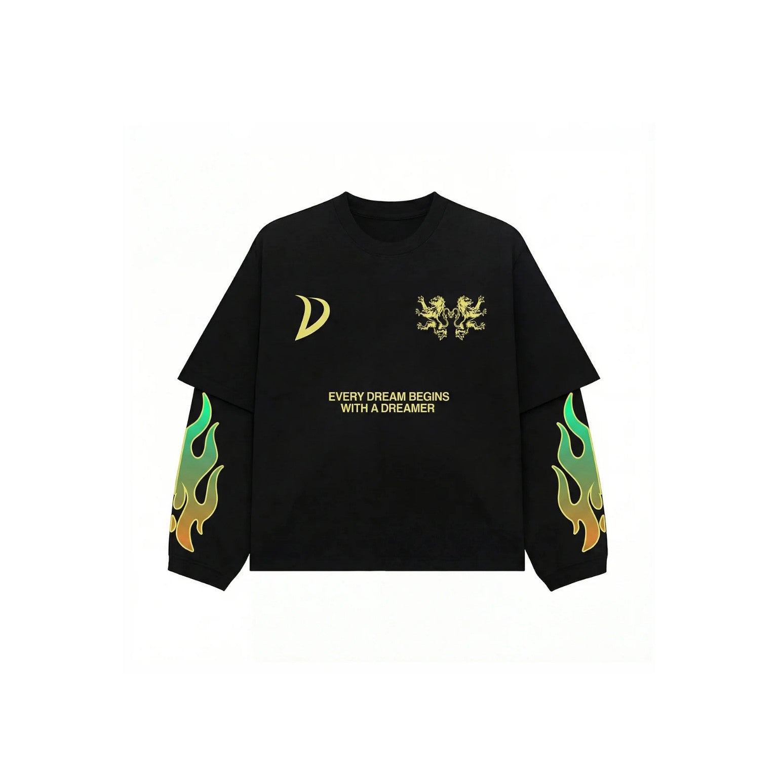 A black long-sleeve t-shirt with gold dragon graphics on the chest, a gold crescent moon on the right chest, and green-to-gold flame prints on both sleeves, displayed on a solid white background.