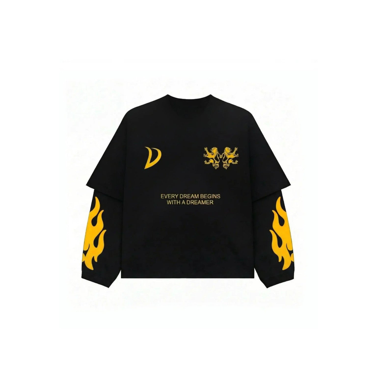 A black long-sleeve t-shirt with yellow graphic prints, including a crescent moon on the right chest, a double-headed arrow on the left chest, the text 'EVERY DREAM BEGINS WITH A DREAMER' in the center, and yellow flame patterns on both sleeves.