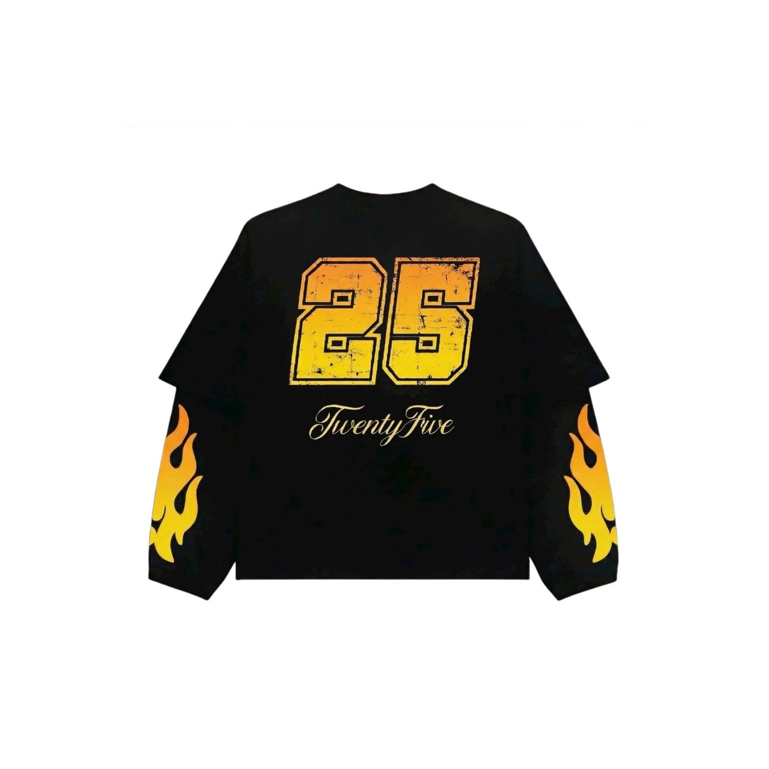 A black long-sleeve t-shirt with a distressed yellow and orange '25' graphic on the chest, 'TwentyFive' in white script below it, and yellow flame graphics on both sleeves, shown against a plain white background.