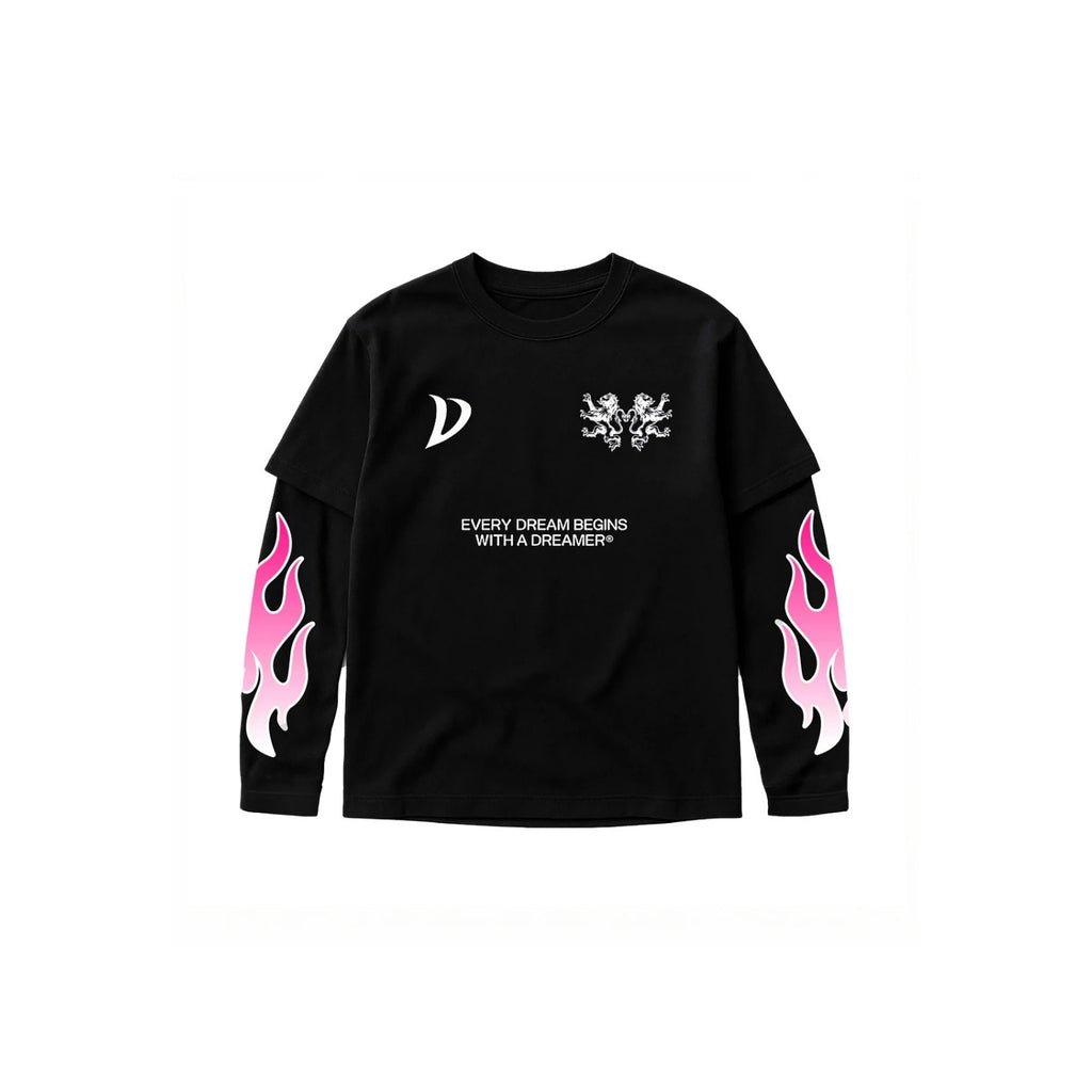 A black long-sleeve t-shirt with white graphic prints on the chest and pink and white flame designs on both sleeves, displayed against a solid white background.