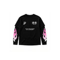 A black long-sleeve t-shirt with white graphic prints on the chest and pink and white flame designs on both sleeves, displayed against a solid white background.