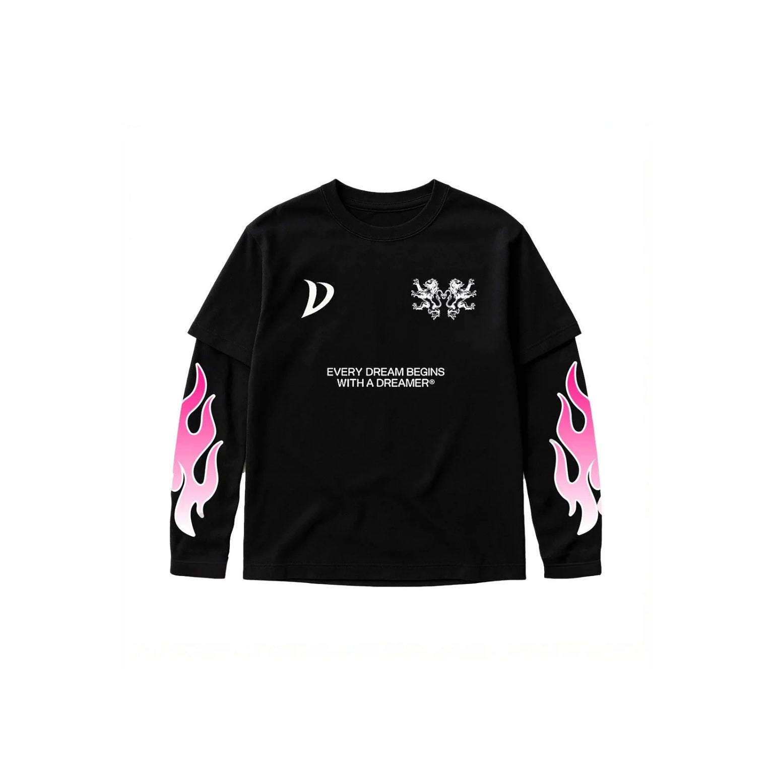 A black long-sleeve t-shirt with white graphic prints on the chest and pink and white flame designs on both sleeves, displayed against a solid white background.