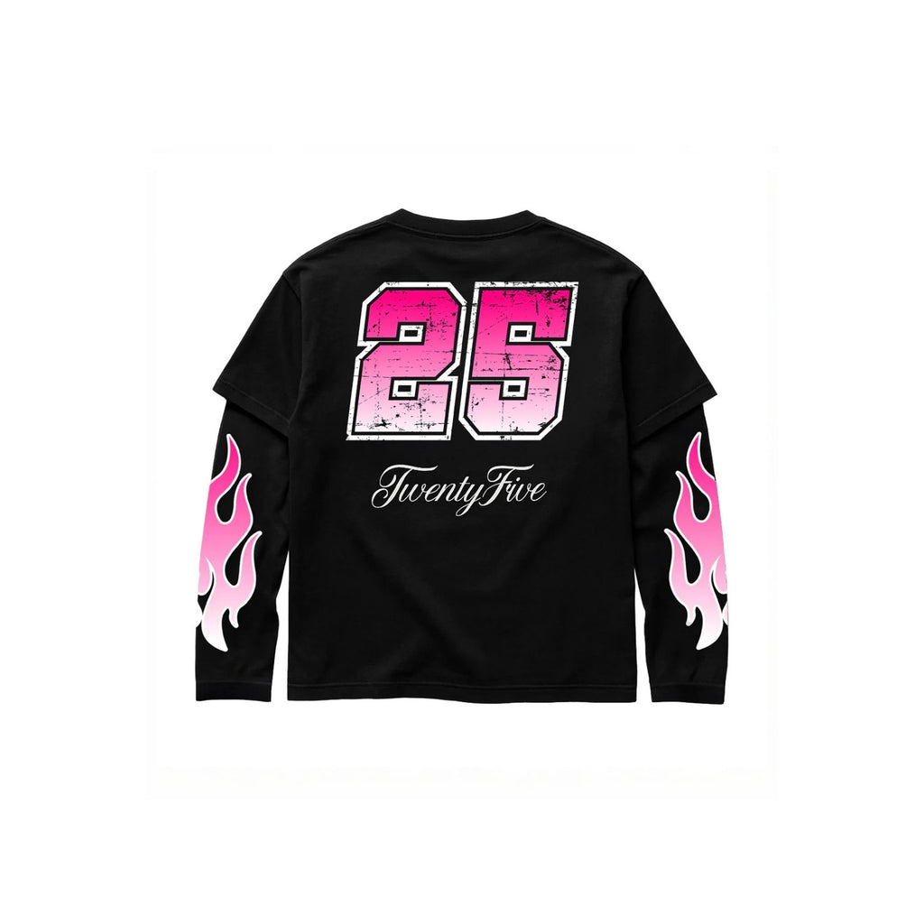 A black long-sleeve t-shirt with a distressed pink and white '25' graphic on the back, 'TwentyFive' in script below, and pink flame graphics on both sleeves, shown against a plain white background.