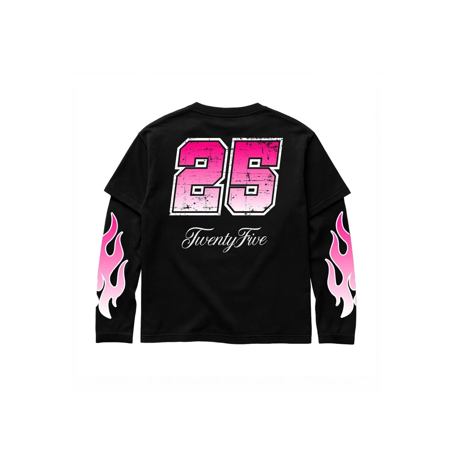 A black long-sleeve t-shirt with a distressed pink and white '25' graphic on the back, 'TwentyFive' in script below, and pink flame graphics on both sleeves, shown against a plain white background.